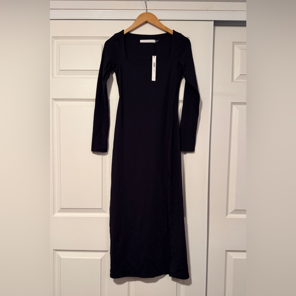 Susana Monaco Midi Long Sleeve Midi Dress Slit Midnight Blue Jersey Bodycon